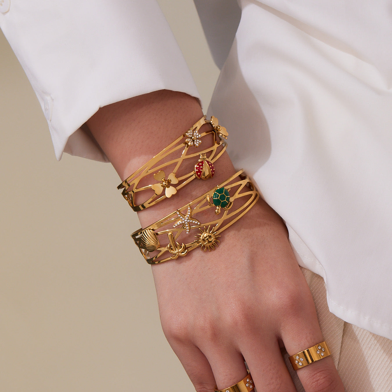 316L Stainless Steel 5A Zircon Floral Ladybug Intricate Triple-Layer Open Cuff Bracelet - Image 9