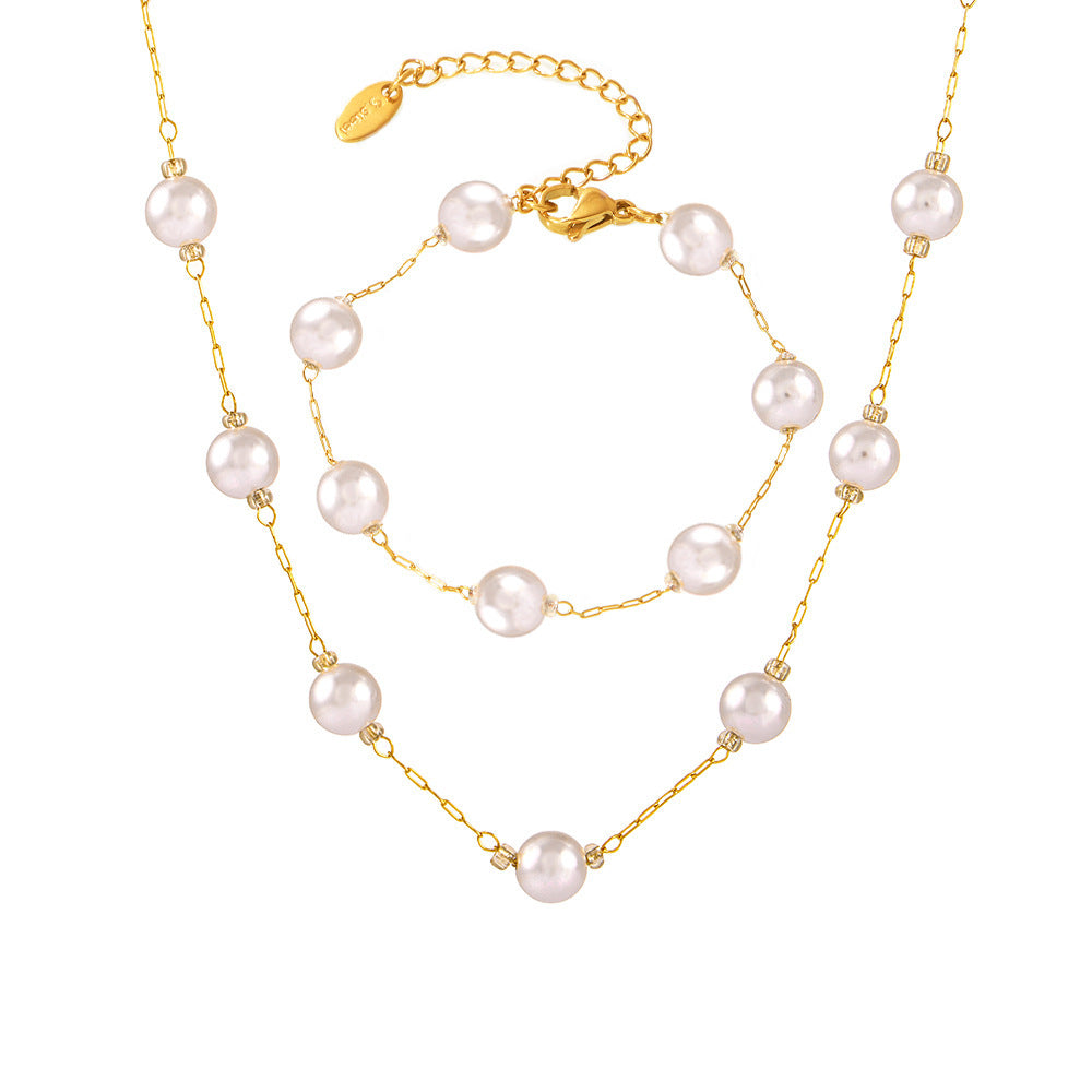 316L Stainless Steel 6mm Imitation Pearl Necklace & Bracelet Set - Image 10