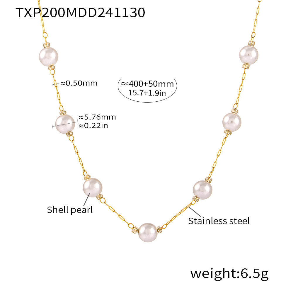 316L Stainless Steel 6mm Imitation Pearl Necklace & Bracelet Set - Image 2