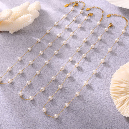 316L Stainless Steel 6mm Imitation Pearl Necklace & Bracelet Set - Image 3