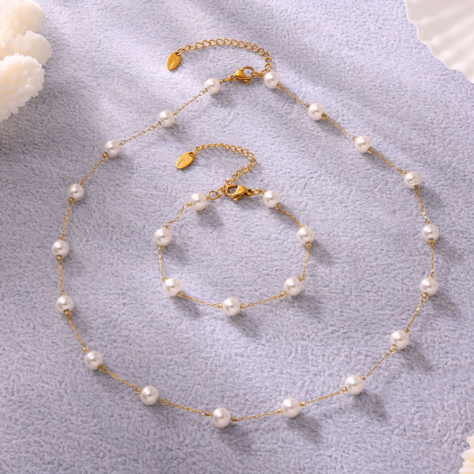 316L Stainless Steel 6mm Imitation Pearl Necklace & Bracelet Set - Image 5