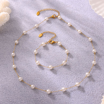 316L Stainless Steel 6mm Imitation Pearl Necklace & Bracelet Set - Image 5