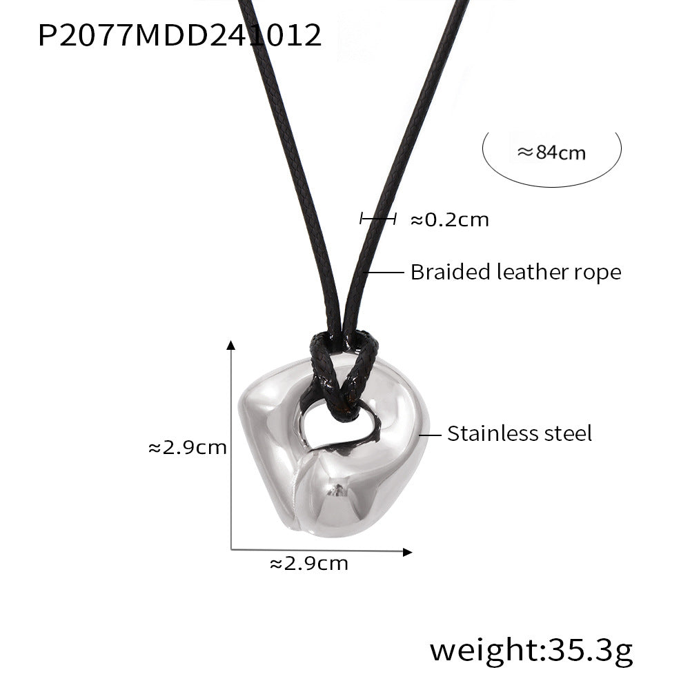 316L Stainless Steel Adjustable Black Leather Rope Irregular Pendant Necklace - Image 2