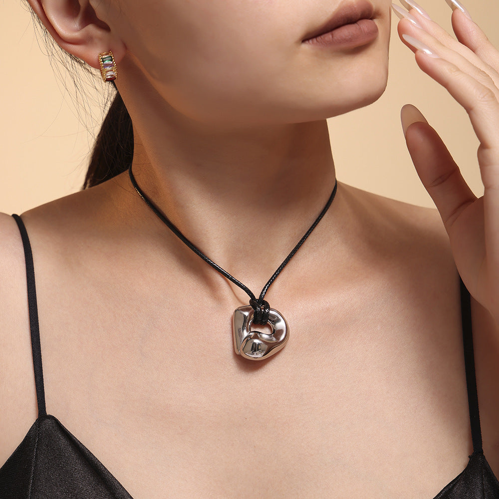 316L Stainless Steel Adjustable Black Leather Rope Irregular Pendant Necklace - Image 4