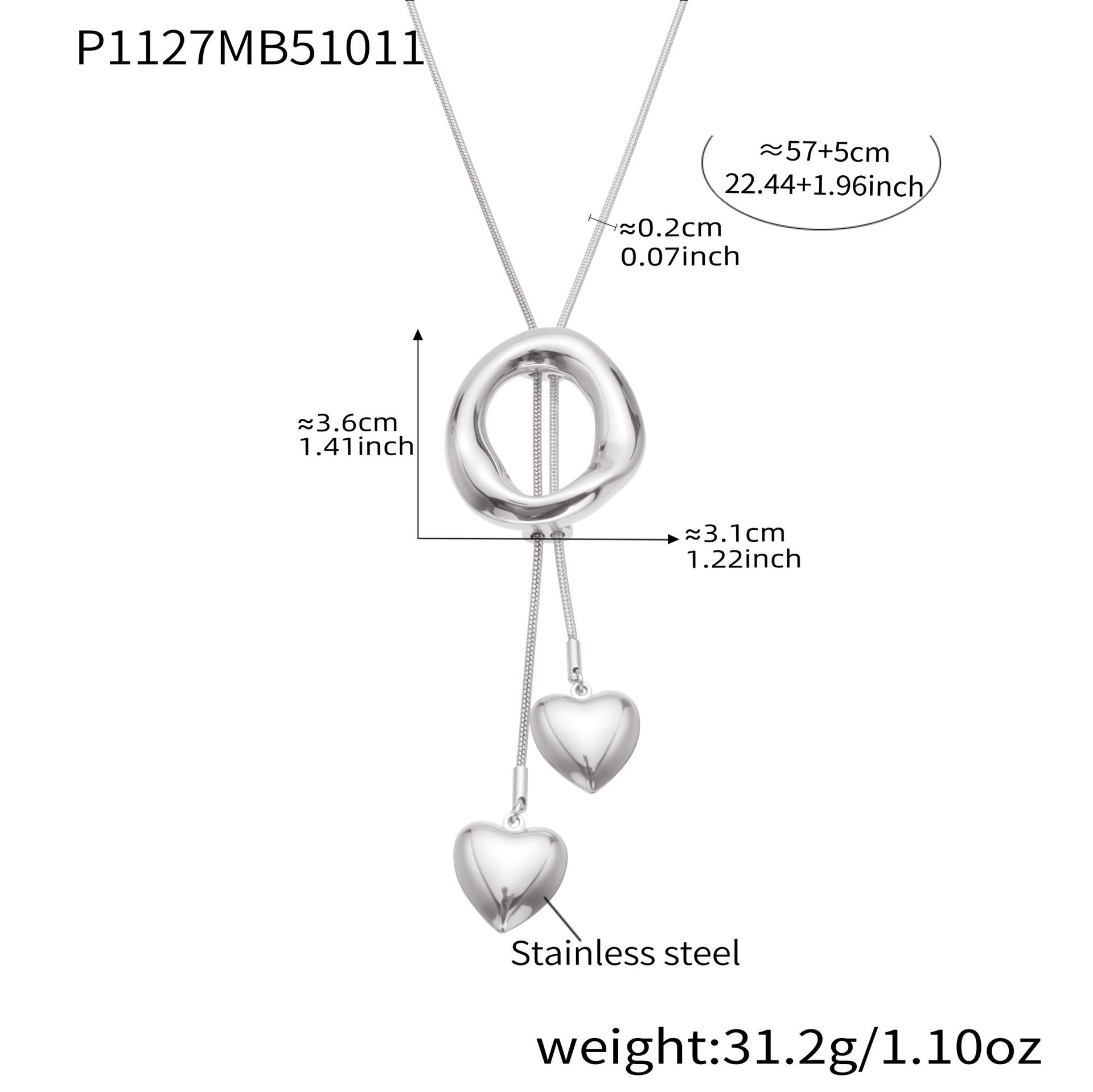 316L Stainless Steel Adjustable Heart Tassel Lariat Necklace - Image 2