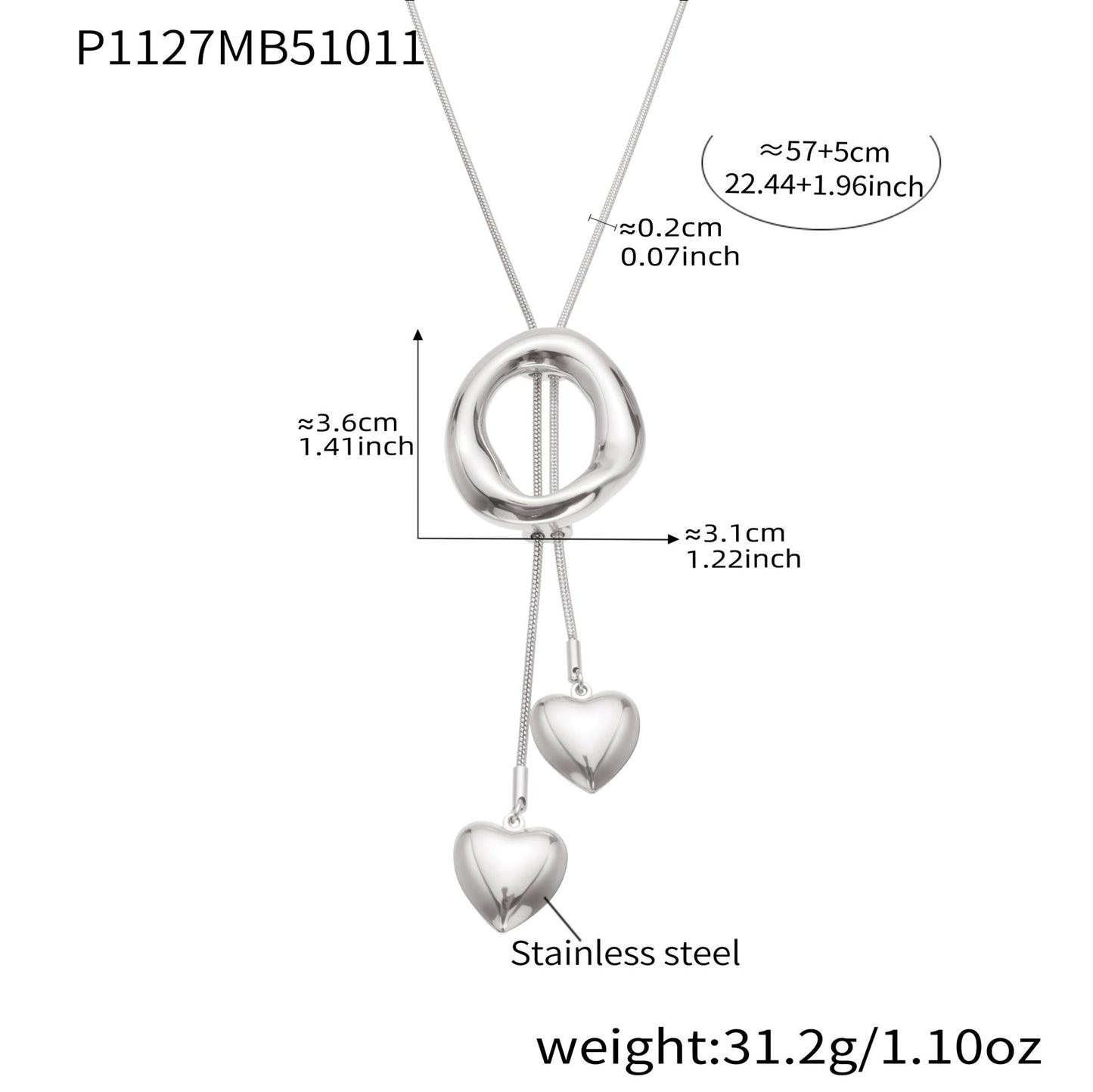 316L Stainless Steel Adjustable Heart Tassel Lariat Necklace - Image 3