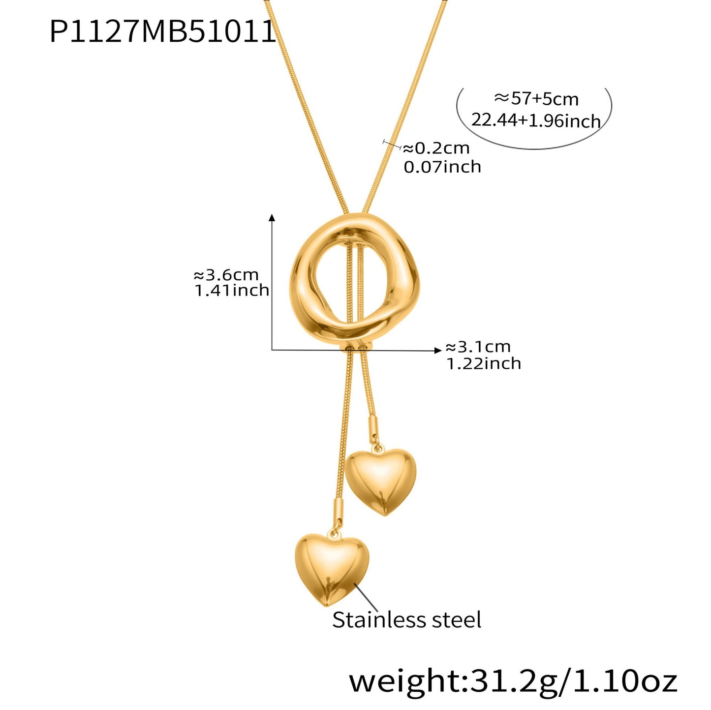 316L Stainless Steel Adjustable Heart Tassel Lariat Necklace - Image 4
