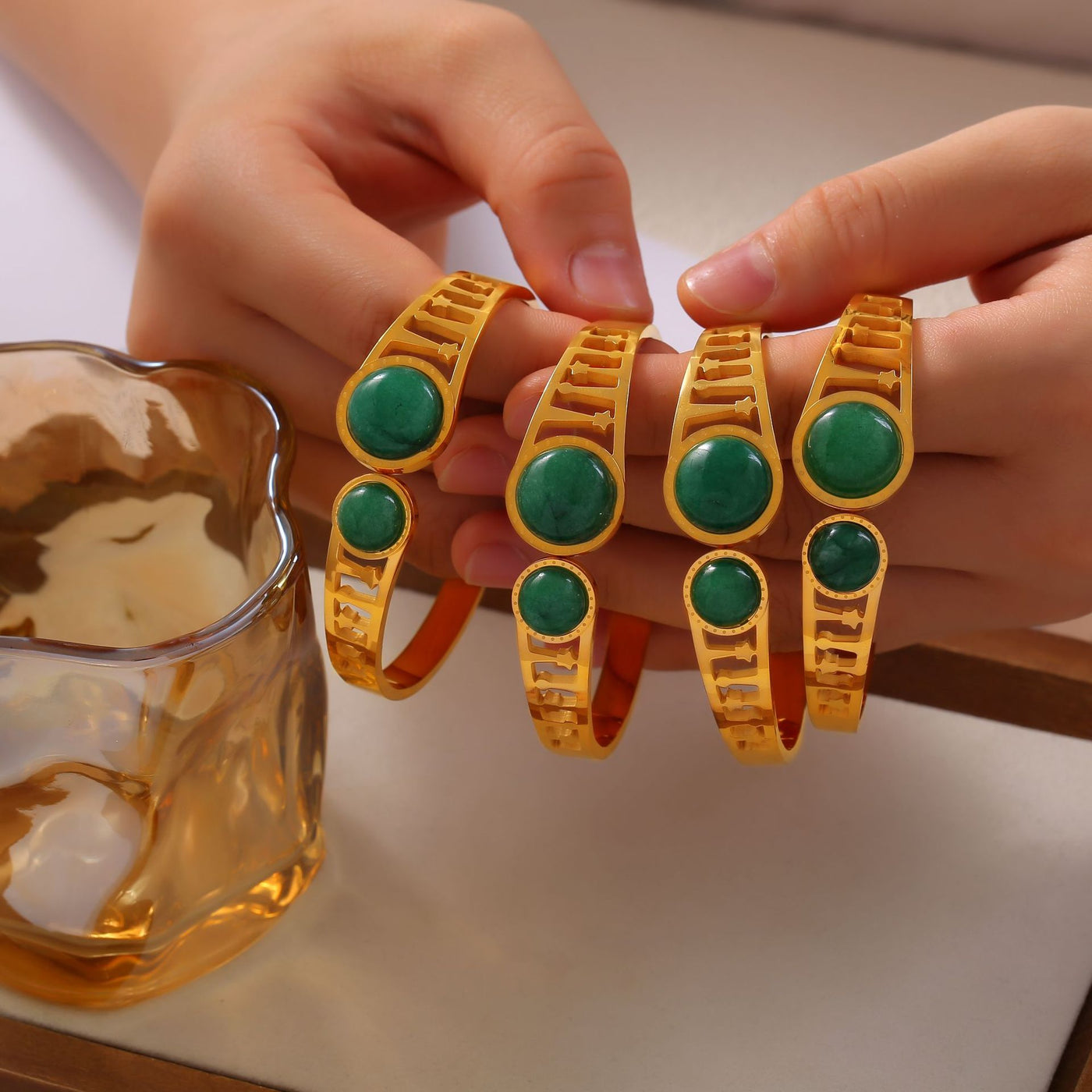 316L Stainless Steel Amazonite Roman Lattice Cuff Bangle - Image 12
