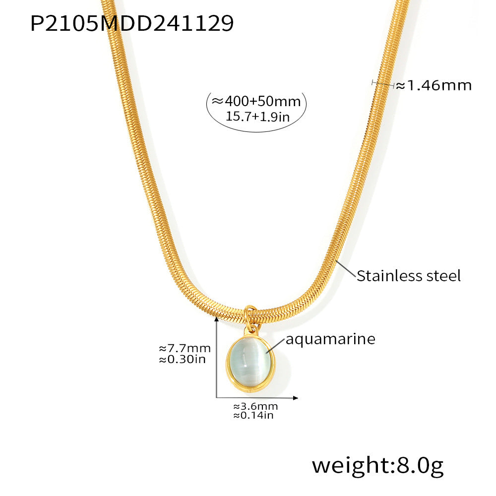 316L stainless steel snake chain necklace with aquamarine pendant and detailed measurements