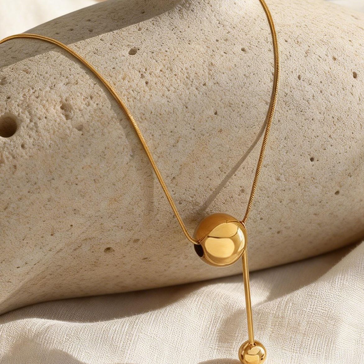 316L stainless steel gold ball tassel necklace flatlay with chic drop