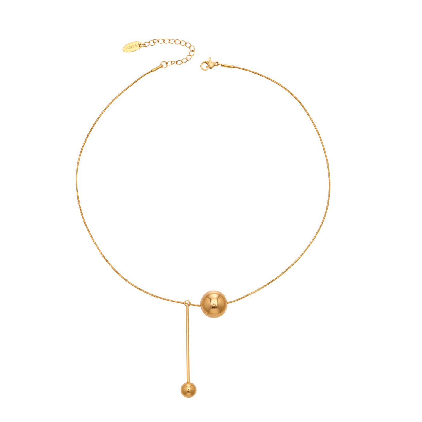 316L stainless steel gold ball tassel necklace front view with polished mirror drop