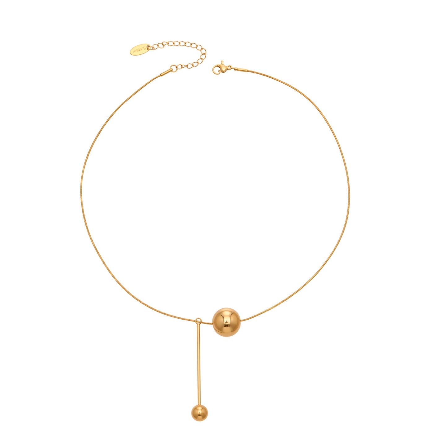 316L stainless steel gold ball tassel necklace front view with polished mirror drop