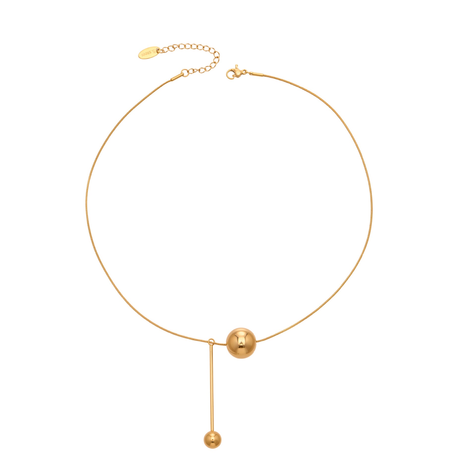 316L stainless steel gold ball tassel necklace front view with polished mirror drop