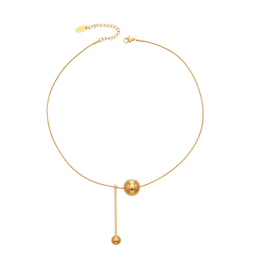 316L stainless steel gold ball tassel necklace front view with polished mirror drop