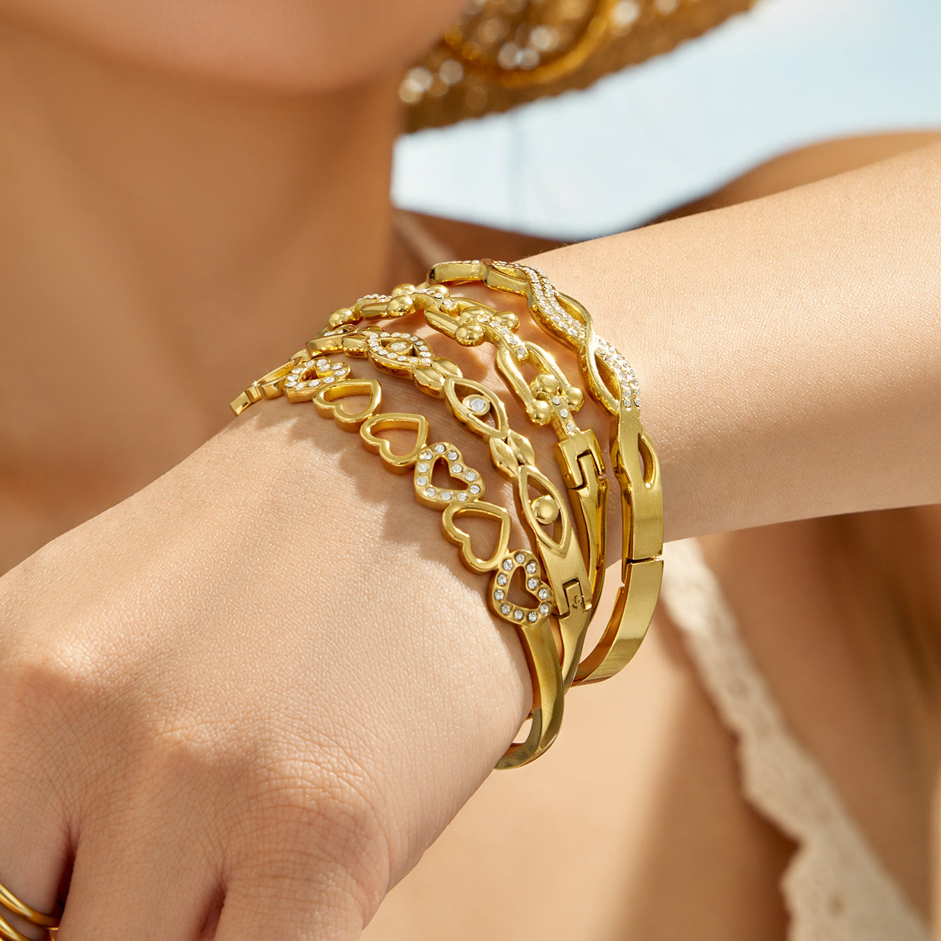 316L Stainless Steel 18K PVD Gold Heart and Zircon Bangle made with 316L stainless steel and 18K PVD gold finish for wholesale jewelry buyers - image 10