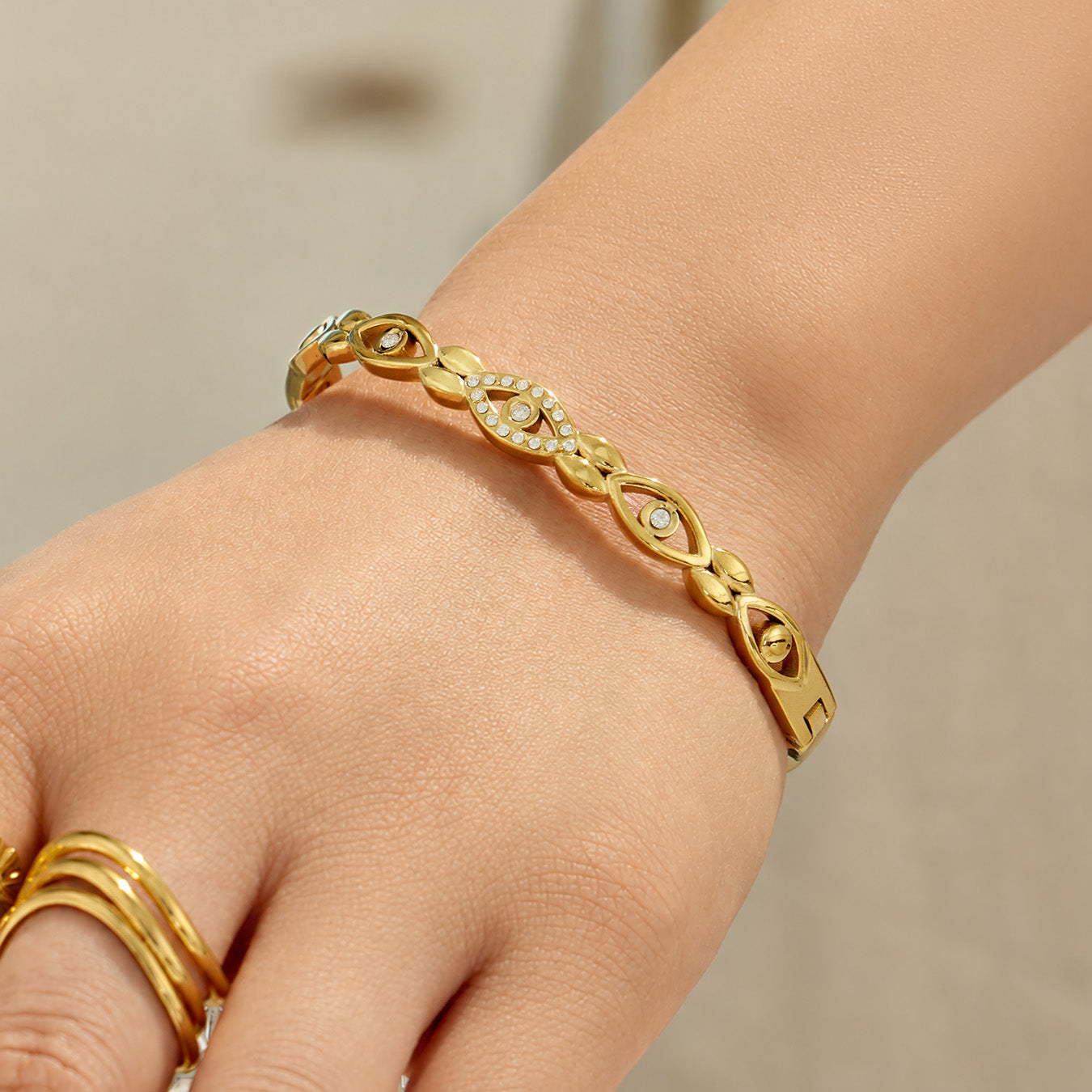 316L Stainless Steel 18K PVD Gold Heart and Zircon Bangle made with 316L stainless steel and 18K PVD gold finish for wholesale jewelry buyers - image 15