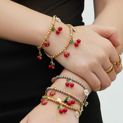 316L stainless steel beaded charm bracelet stacking style cherry daisy design