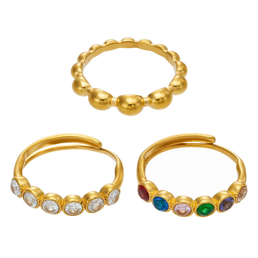 316L stainless steel beaded rings in polished gold, white CZ and multicolor CZ designs with 18K PVD gold finish