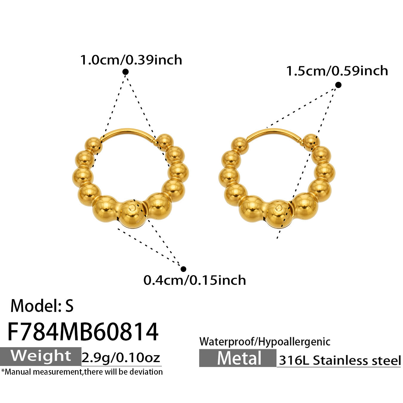 Close-up of 316L Stainless Steel Beaded Drop Earrings - Gold Finish