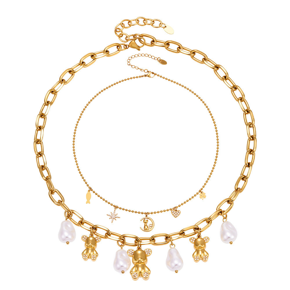 Gold Bear Pearl Necklace with Zircon