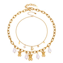 Gold Bear Pearl Necklace with Zircon