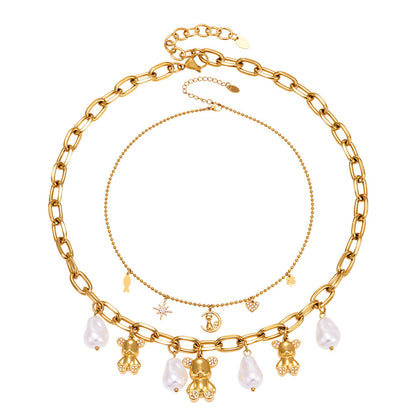 Gold Bear Pearl Necklace with Zircon