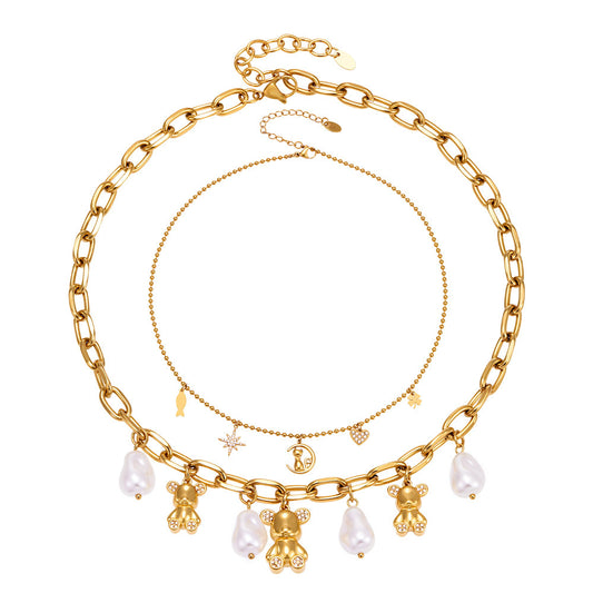 Gold Bear Pearl Necklace with Zircon