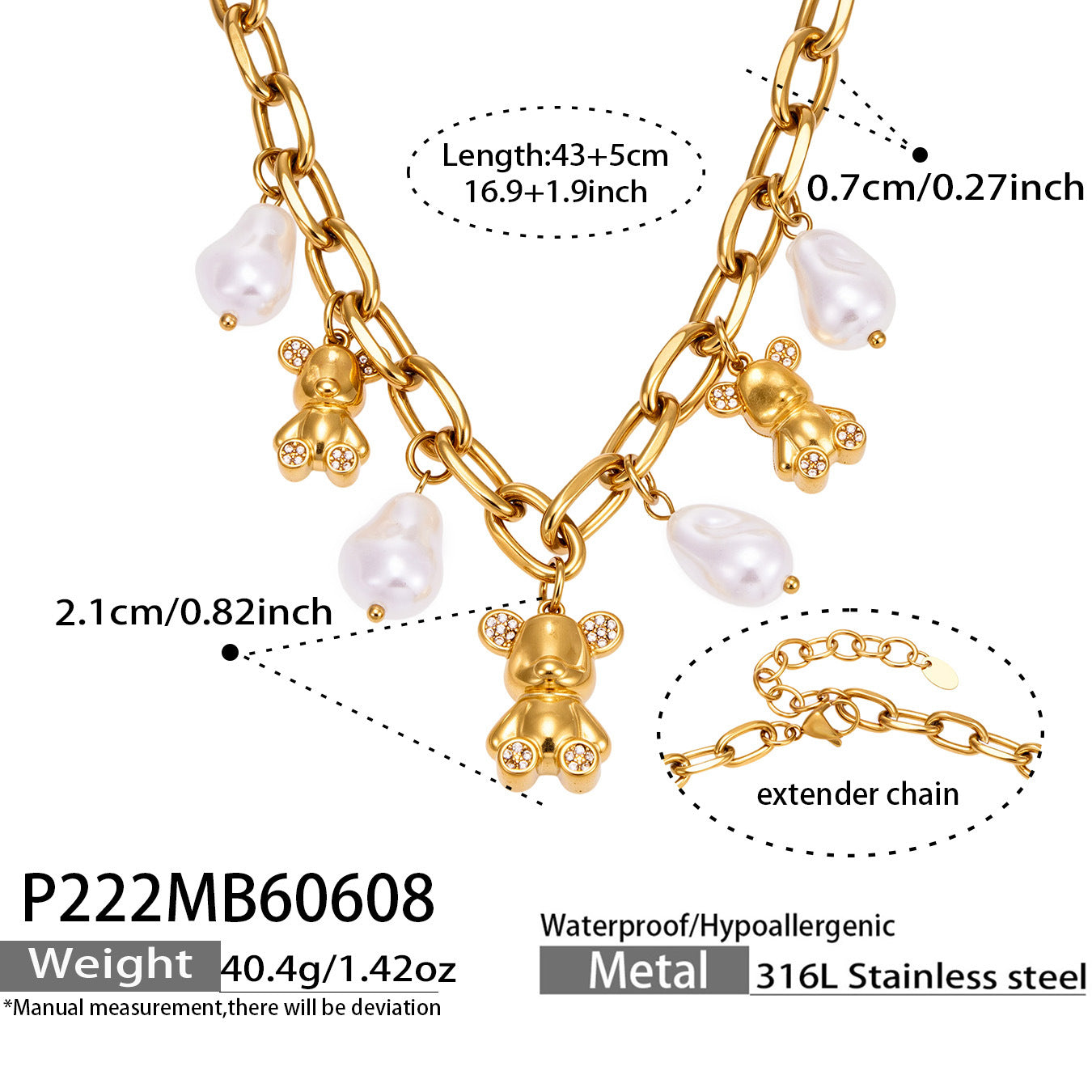 316L Stainless Steel 18K PVD Gold Bear Pearl Necklace made with 316L stainless steel and 18K PVD gold finish for wholesale jewelry buyers - image 11