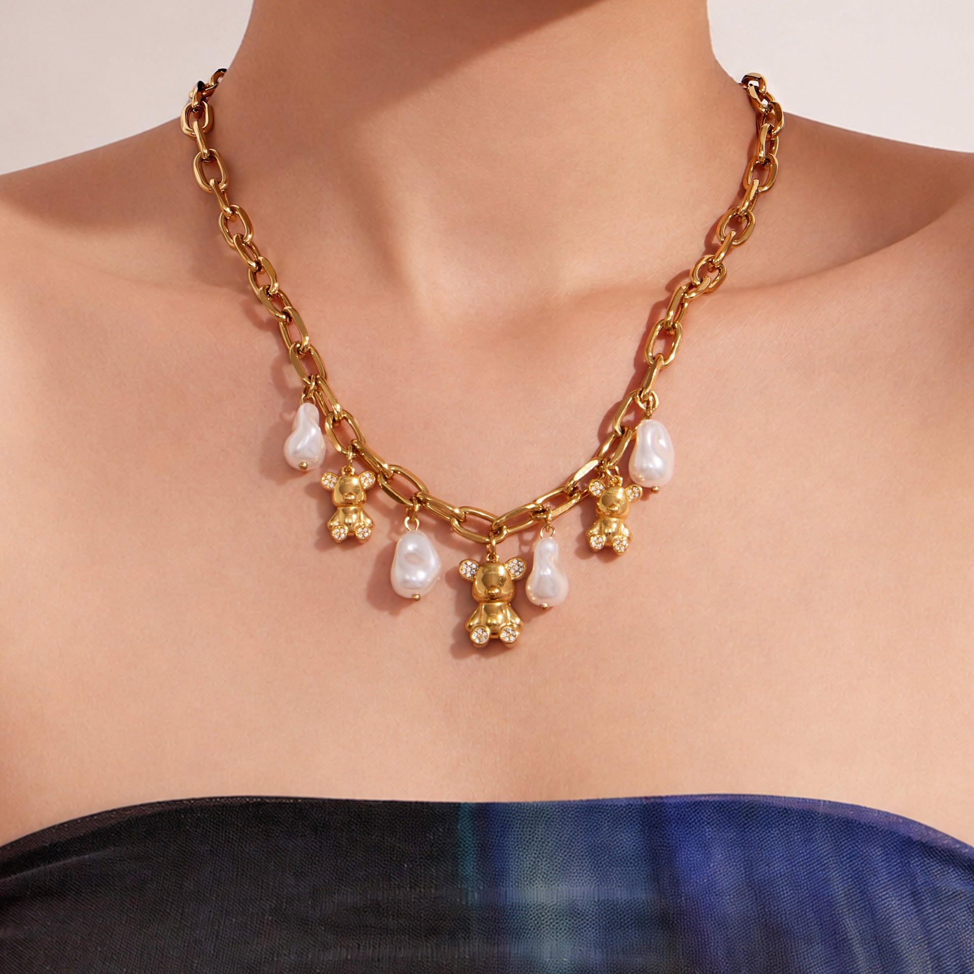 316L Stainless Steel 18K PVD Gold Bear Pearl Necklace made with 316L stainless steel and 18K PVD gold finish for wholesale jewelry buyers - image 12