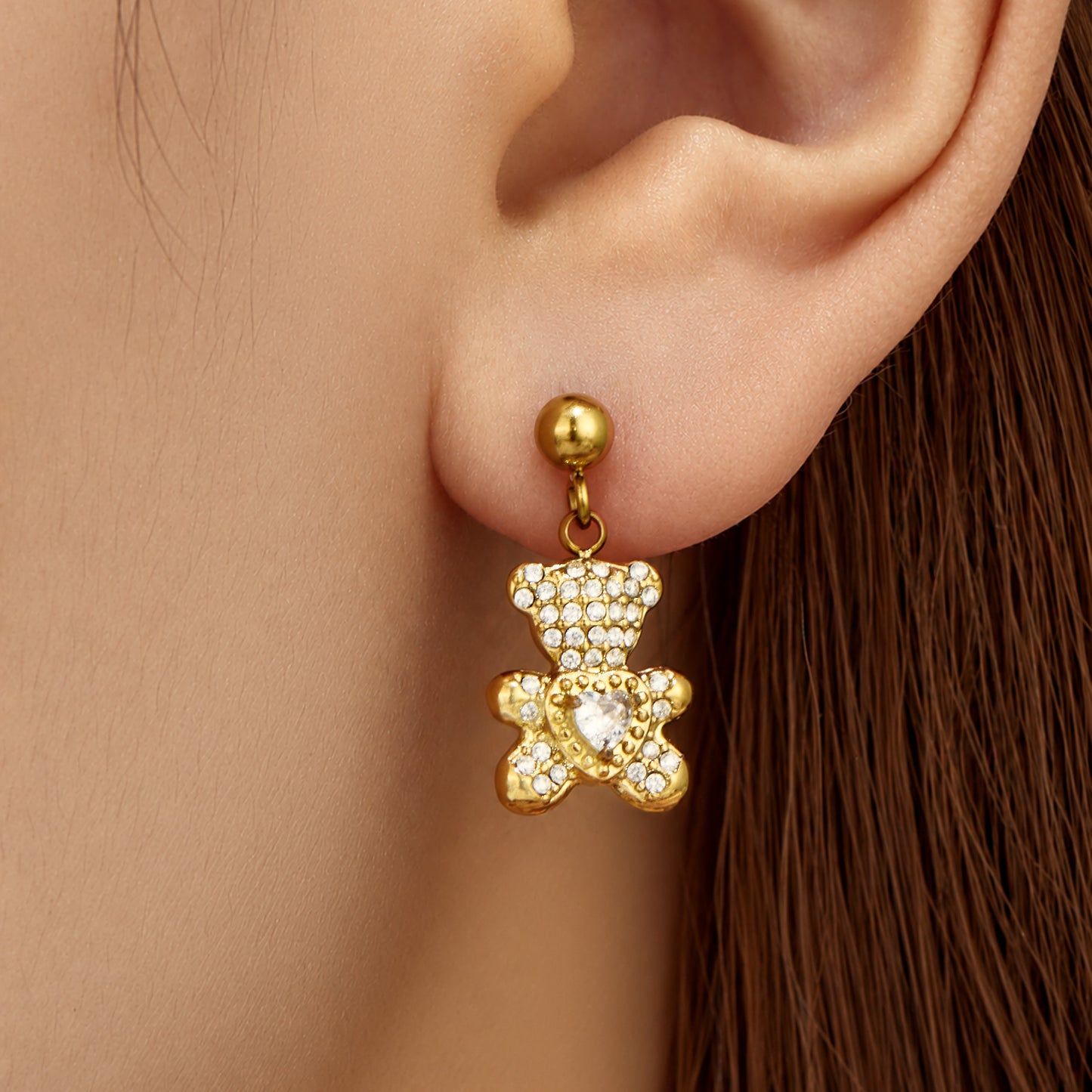 Elegant 316L Stainless Steel Bear Zircon Earring in Gold Color