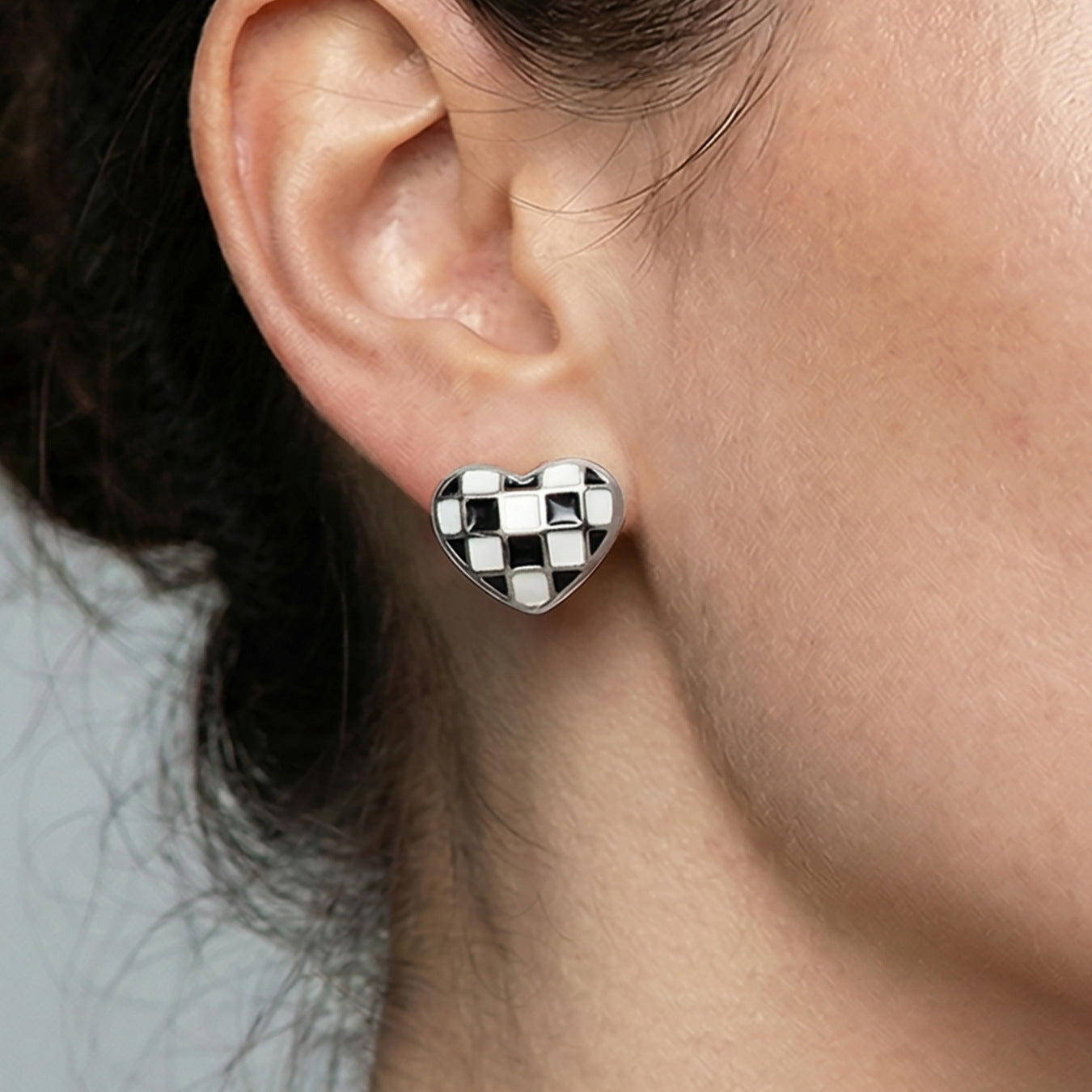316L Stainless Steel Black and White Plaid Heart Enamel Earrings - Image 1