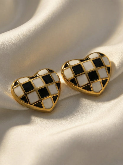 316L Stainless Steel Black and White Plaid Heart Enamel Earrings - Image 10