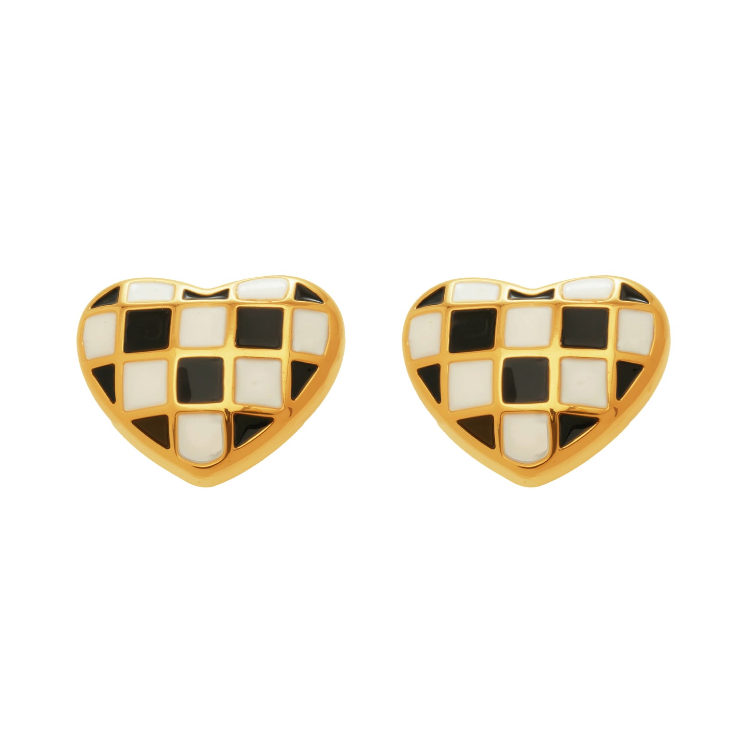 316L Stainless Steel Black and White Plaid Heart Enamel Earrings - Image 2