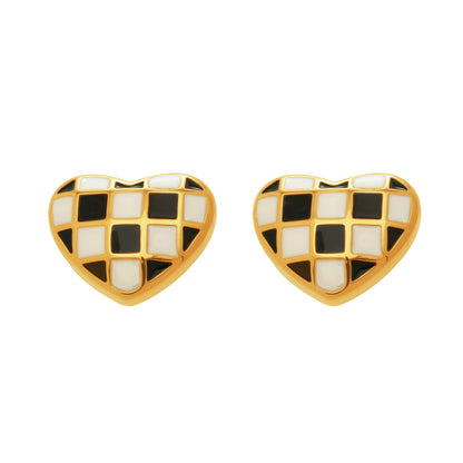 316L Stainless Steel Black and White Plaid Heart Enamel Earrings - Image 2