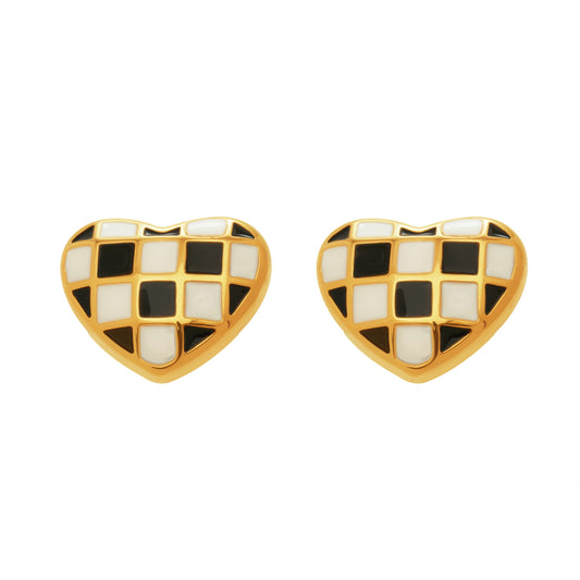 316L Stainless Steel Black and White Plaid Heart Enamel Earrings - Image 2