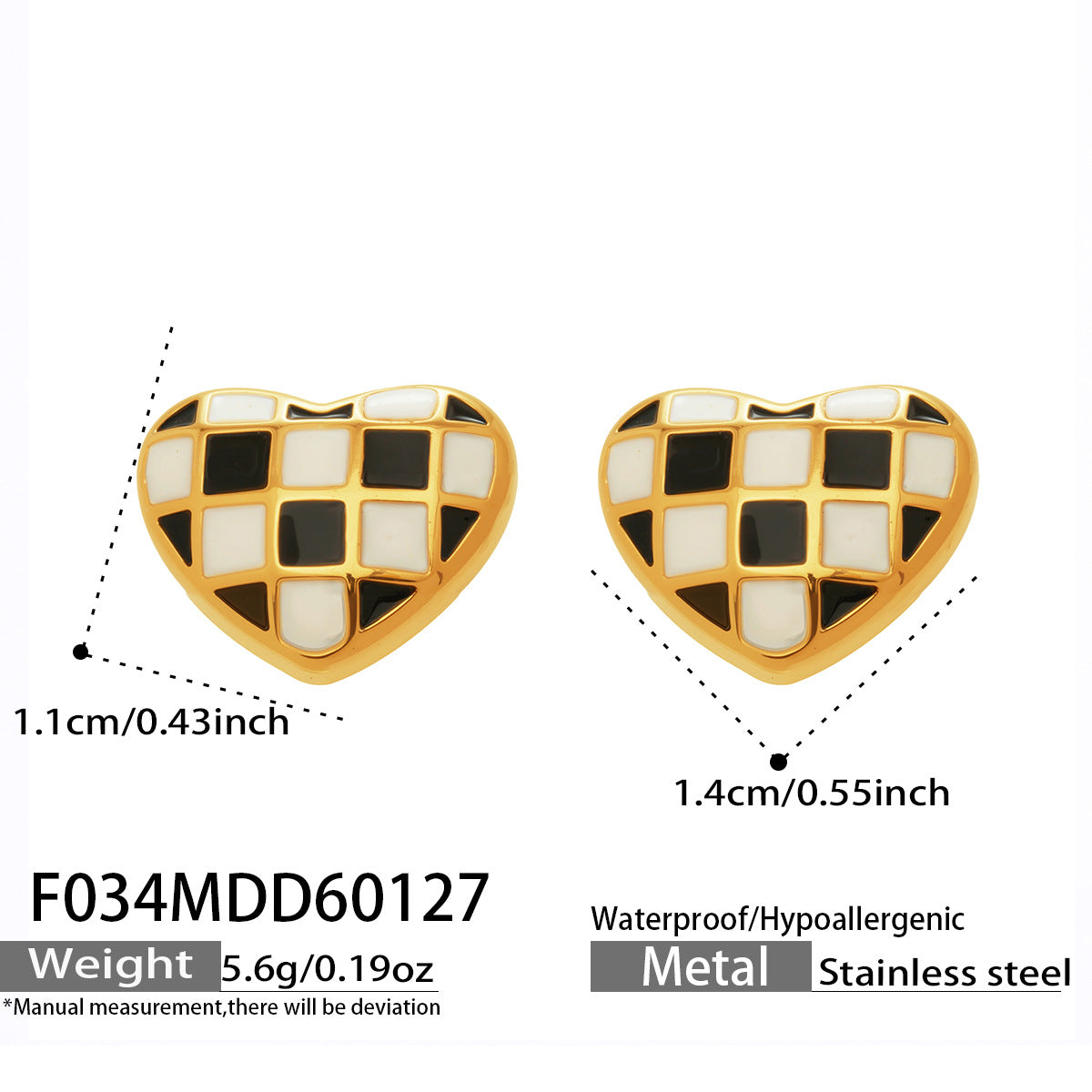316L Stainless Steel Black and White Plaid Heart Enamel Earrings - Image 3