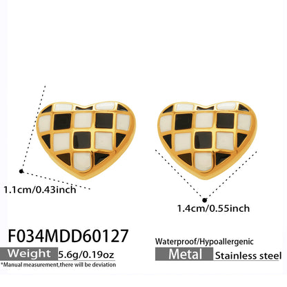 316L Stainless Steel Black and White Plaid Heart Enamel Earrings - Image 3