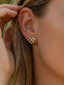 316L Stainless Steel Black and White Plaid Heart Enamel Earrings - Image 4