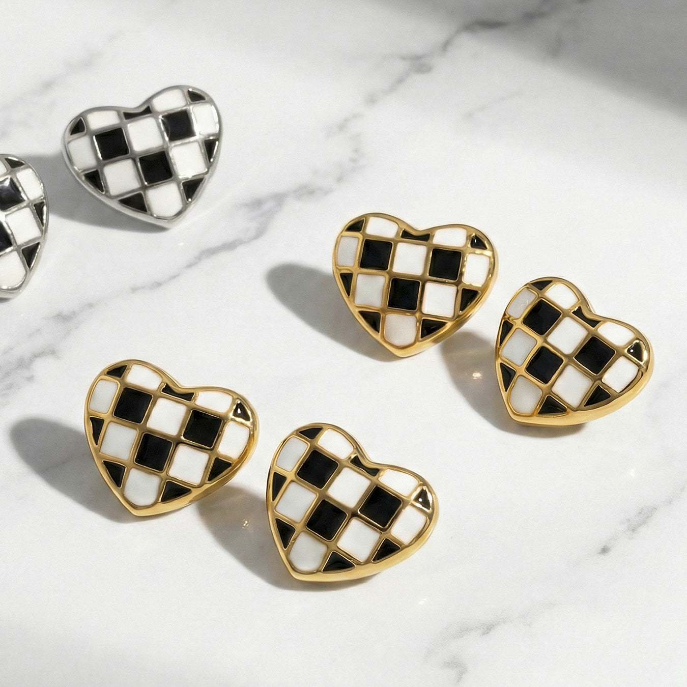 316L Stainless Steel Black and White Plaid Heart Enamel Earrings - Image 5