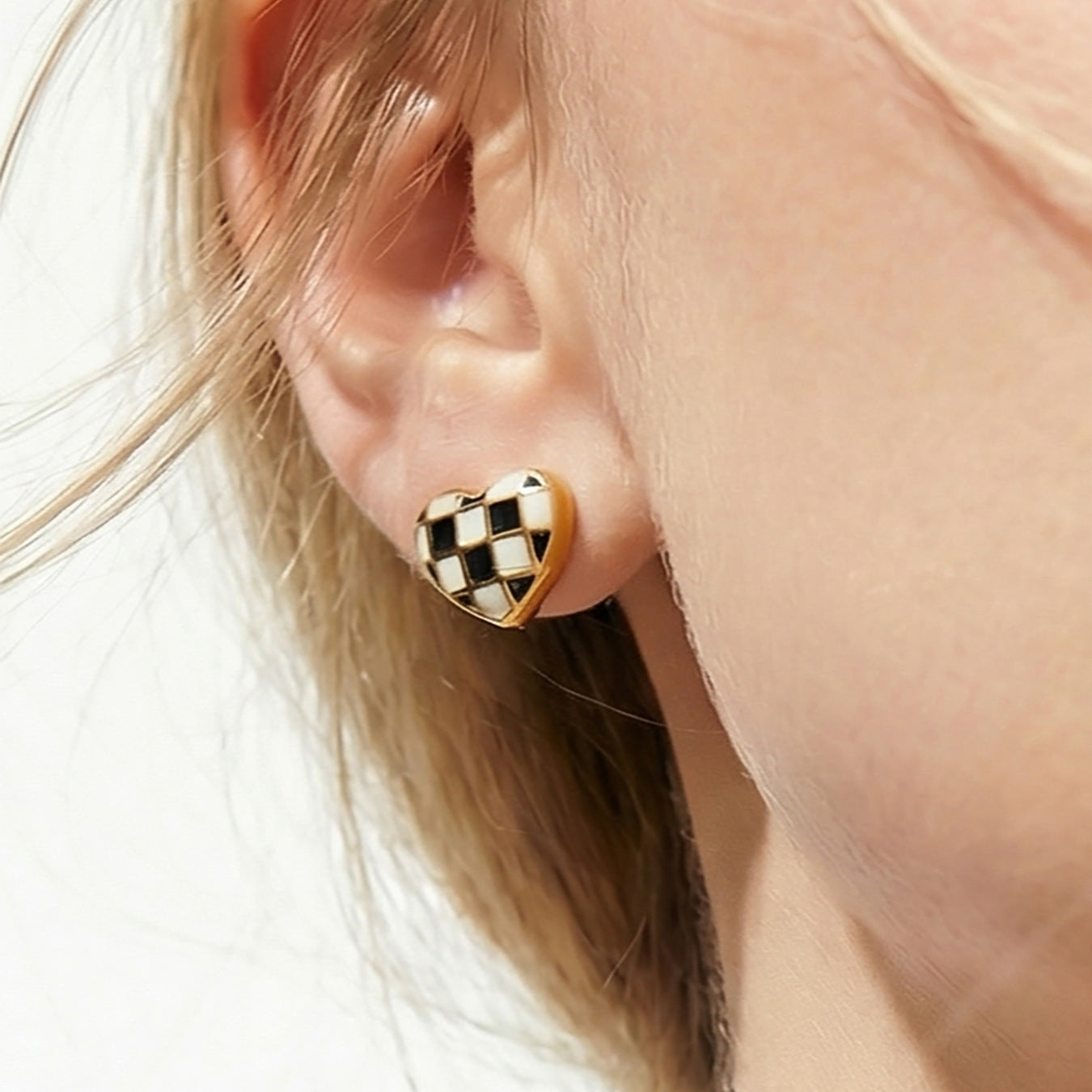 316L Stainless Steel Black and White Plaid Heart Enamel Earrings - Image 6