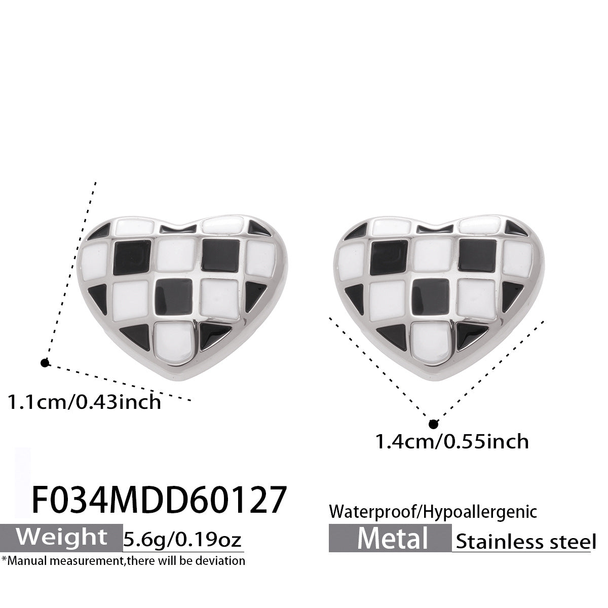 316L Stainless Steel Black and White Plaid Heart Enamel Earrings - Image 7