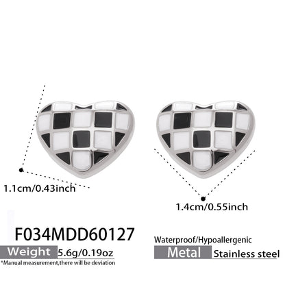 316L Stainless Steel Black and White Plaid Heart Enamel Earrings - Image 7