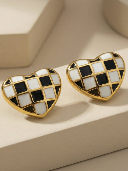 316L Stainless Steel Black and White Plaid Heart Enamel Earrings - Image 8