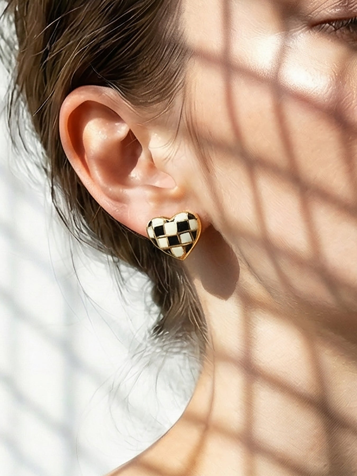 316L Stainless Steel Black and White Plaid Heart Enamel Earrings - Image 9