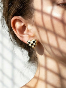 316L Stainless Steel Black and White Plaid Heart Enamel Earrings - Image 9