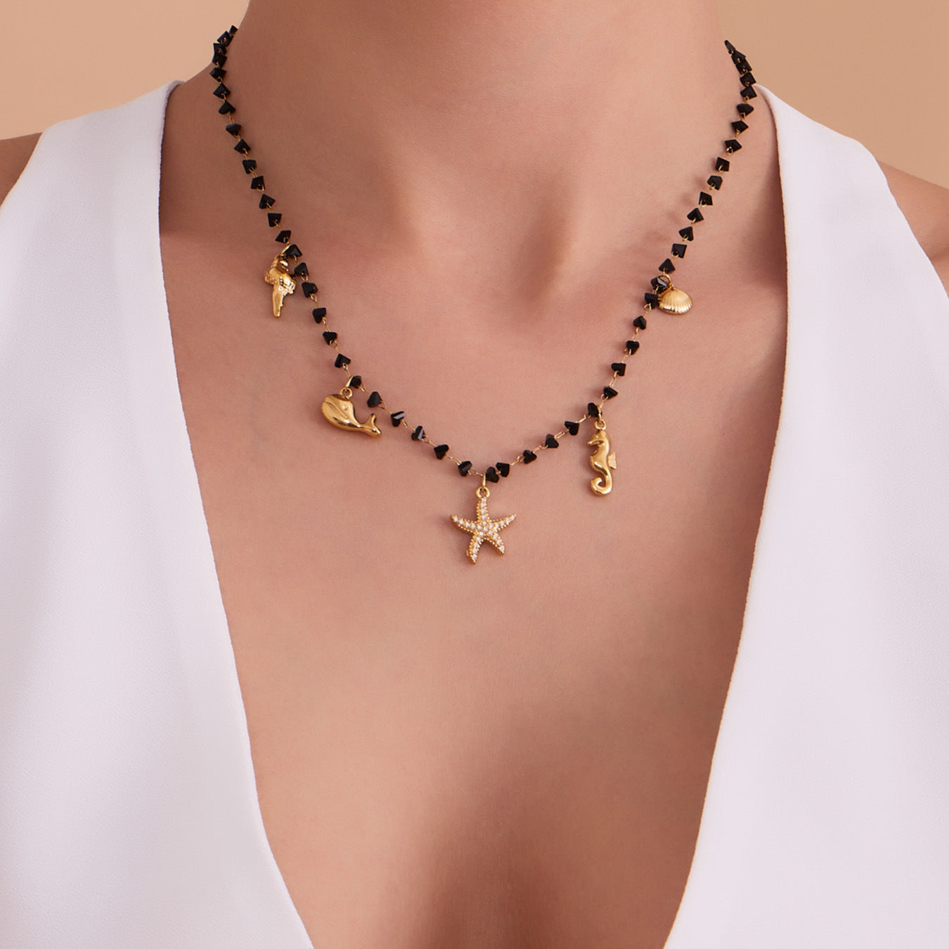 316L Stainless Steel Black Crystal & Starfish Zircon DIY Multi-Pendant Necklace - Image 1