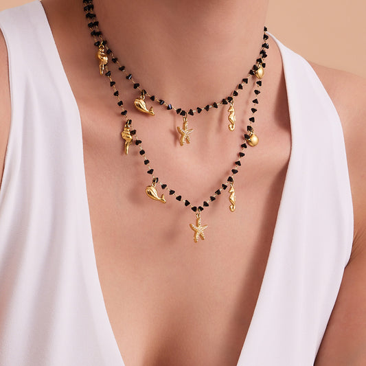 316L Stainless Steel Black Crystal & Starfish Zircon DIY Multi-Pendant Necklace - Image 2