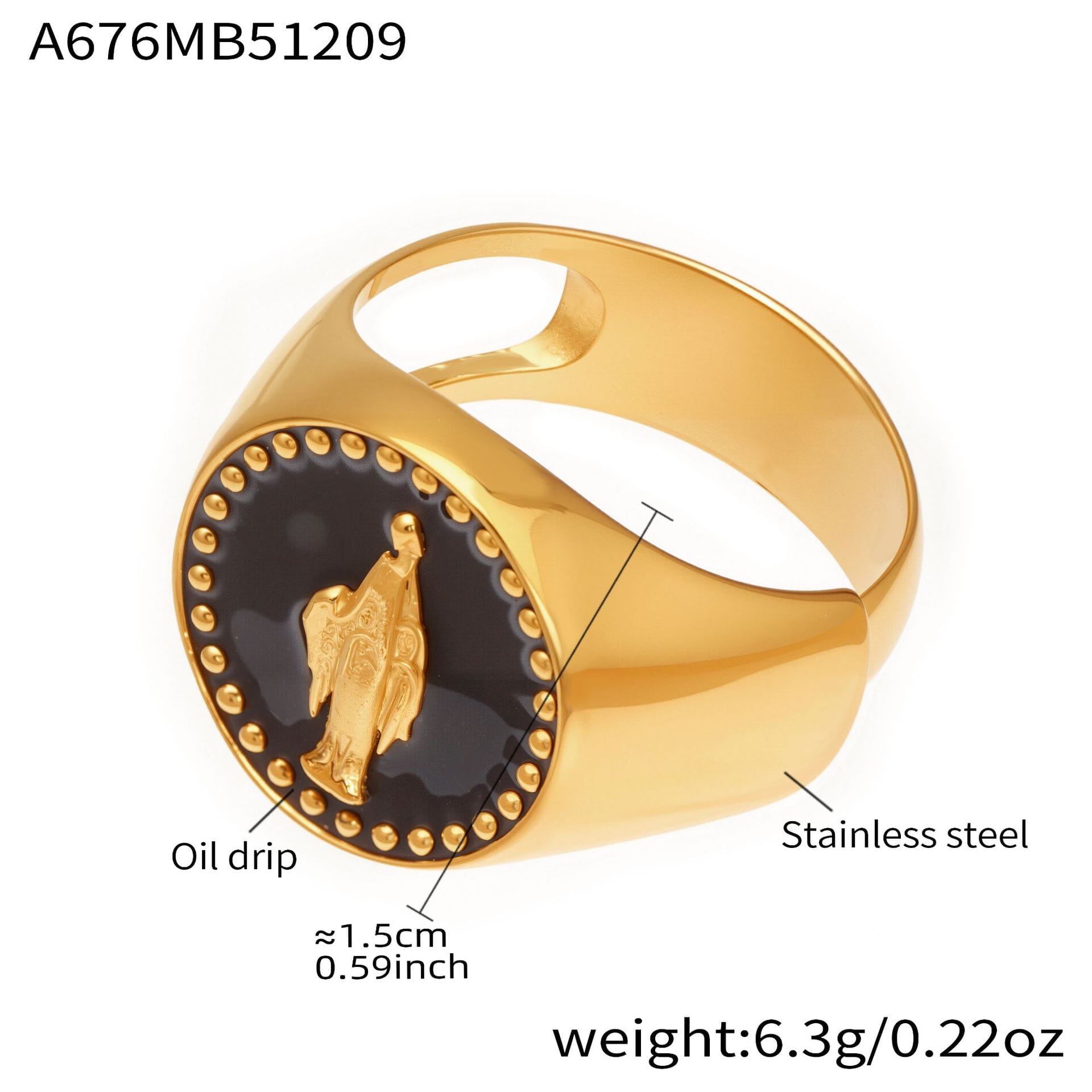 316L stainless steel black enamel signet ring with oil drip finish and 18K PVD gold, B2B supplier