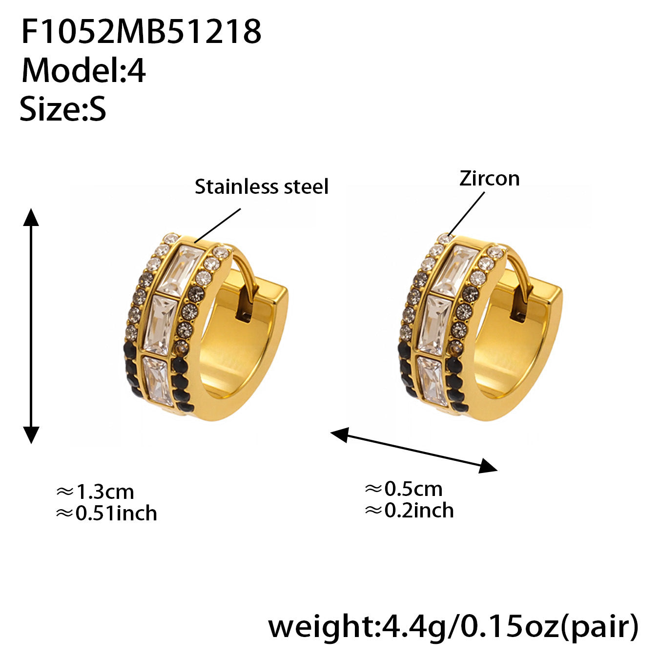 316L stainless steel black zircon hoop earrings, small size huggie style with 5A cubic zirconia, gold plated wholesale jewelry

