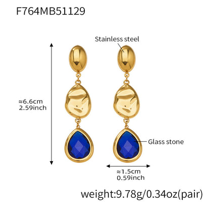 Blue Czech glass teardrop earrings made of 316L stainless steel with 18K PVD gold plating